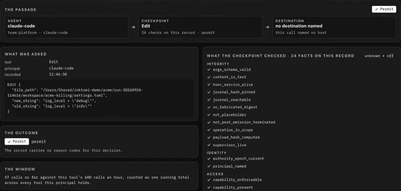 A single decision in the Inktomi console: the agent, the check and the destination, what was asked, the permitted outcome, and the list of facts checked.